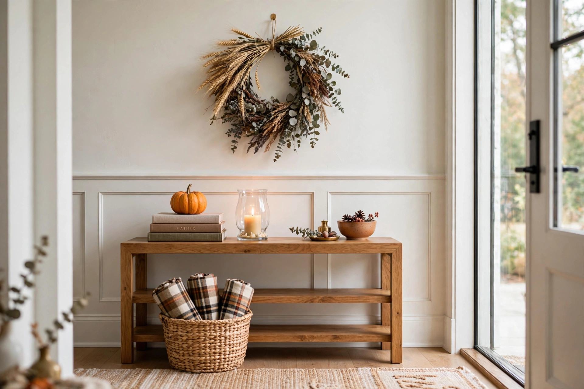 Cozy entryway console styled with a fall wreath, mini pumpkin, and candle
