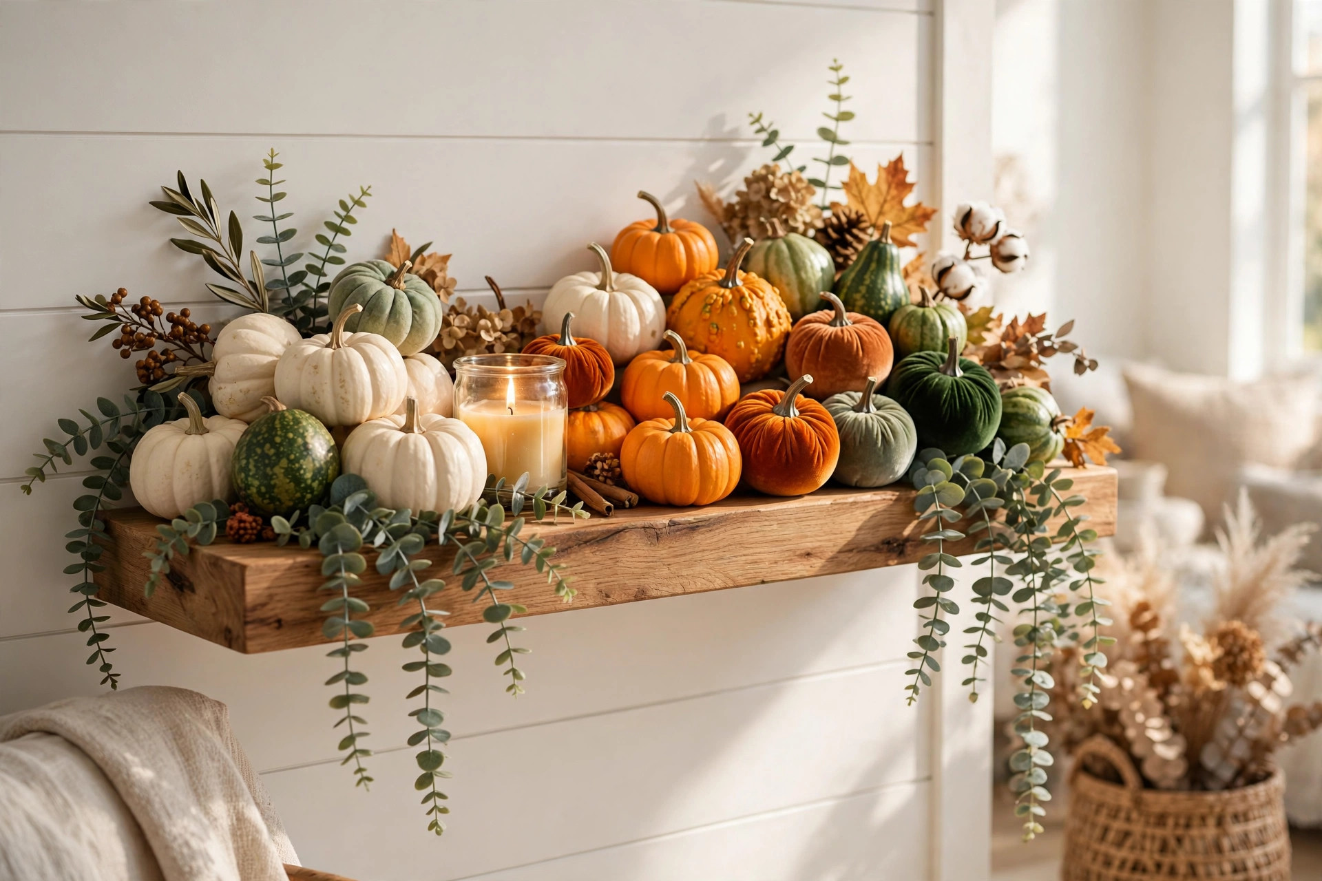 Mini pumpkins and gourds in white, orange, and velvet textures