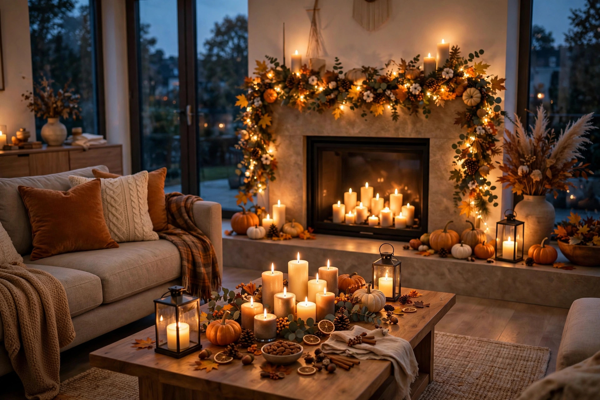 Warm lanterns, pillar candles, and fairy lights glowing in a cozy room