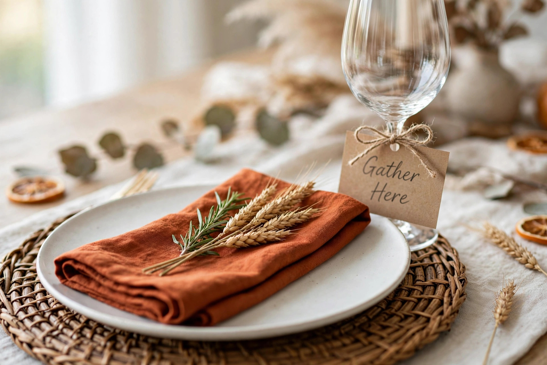 Elegant Thanksgiving place setting with rattan charger, linen napkin, and rosemary sprig