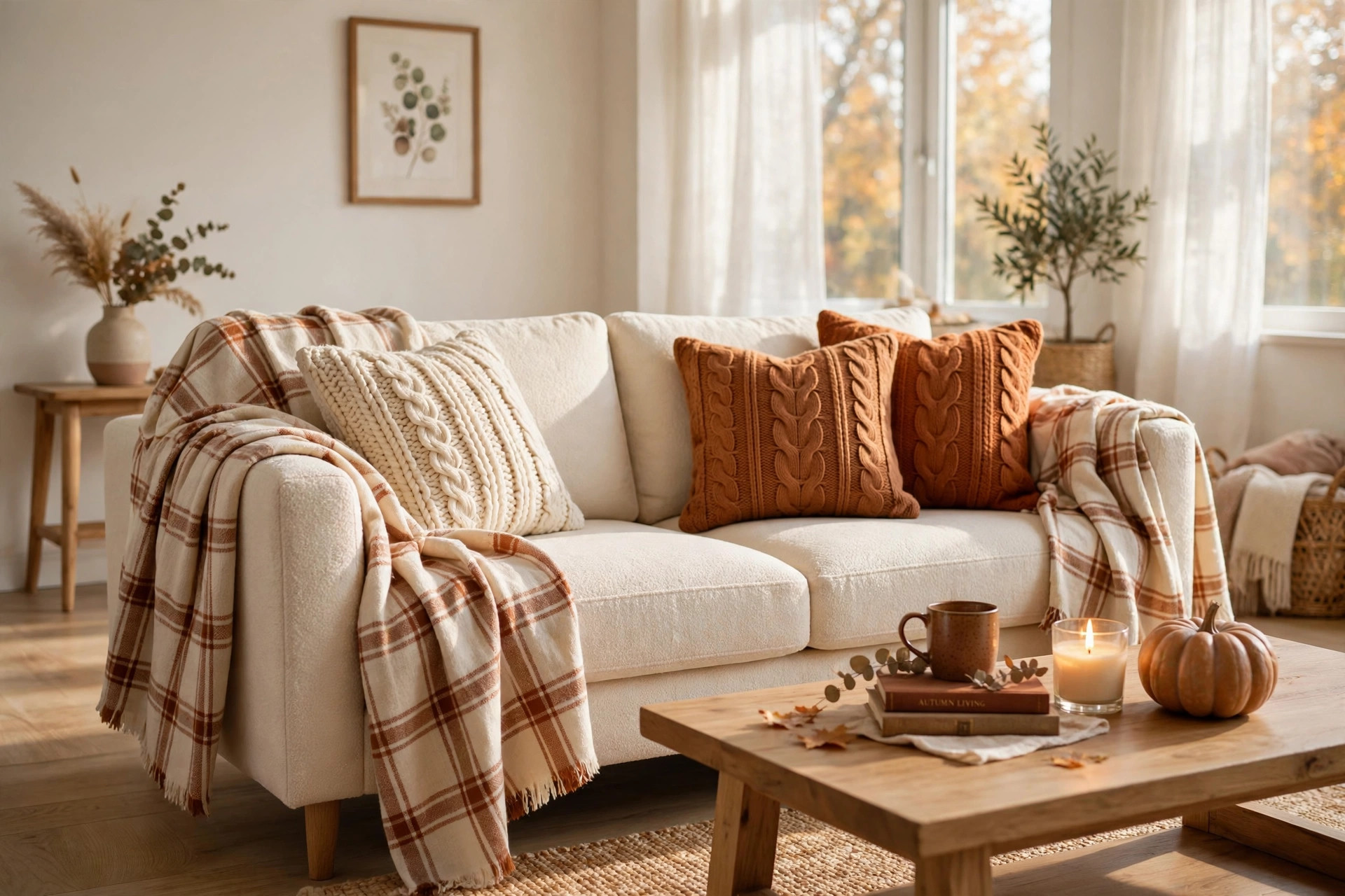 Cozy sofa draped with plaid throws and knit pillows in cream and rust