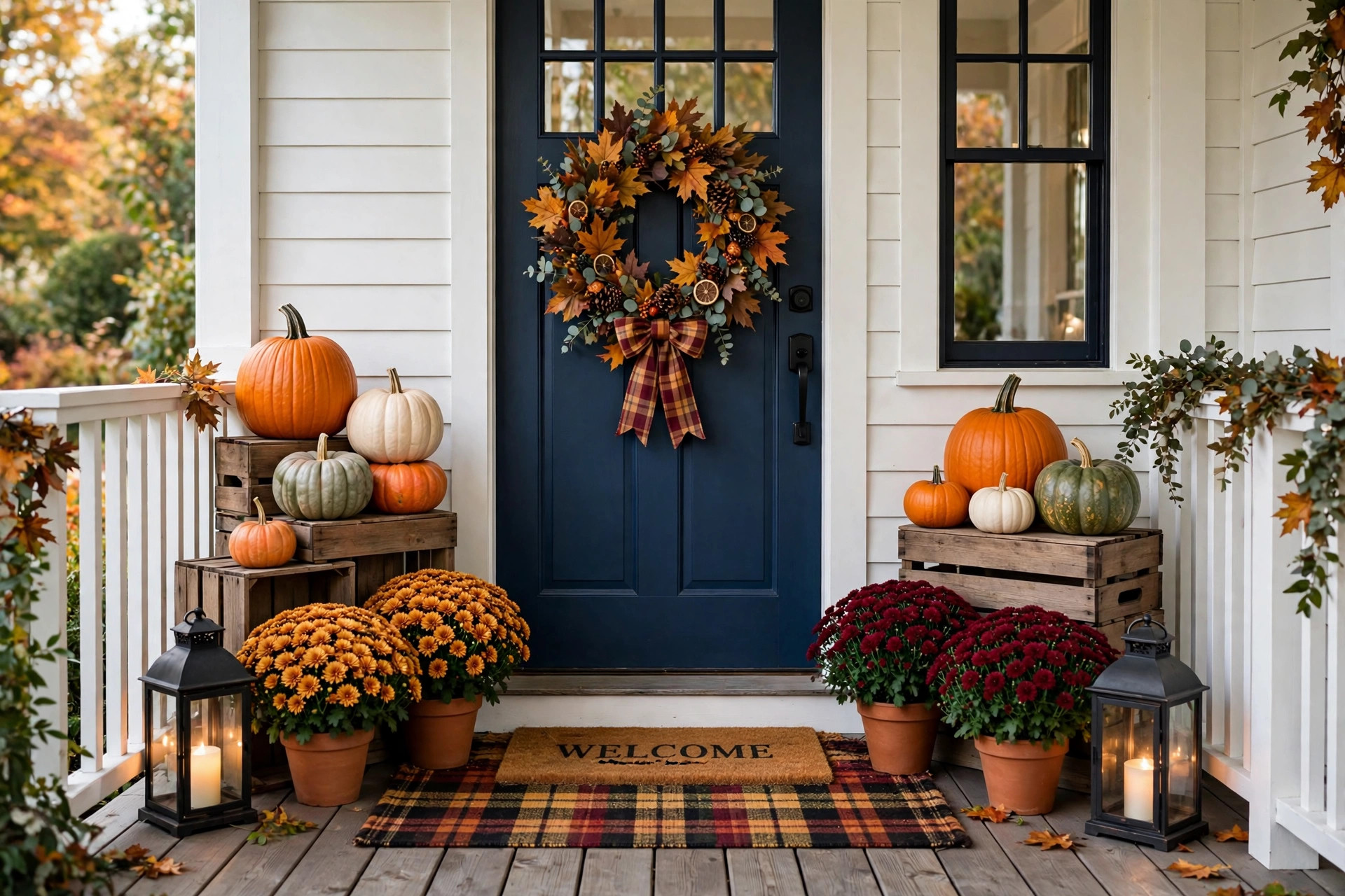 Fall front porch with stacked pumpkins, mums, wreath, and lanterns