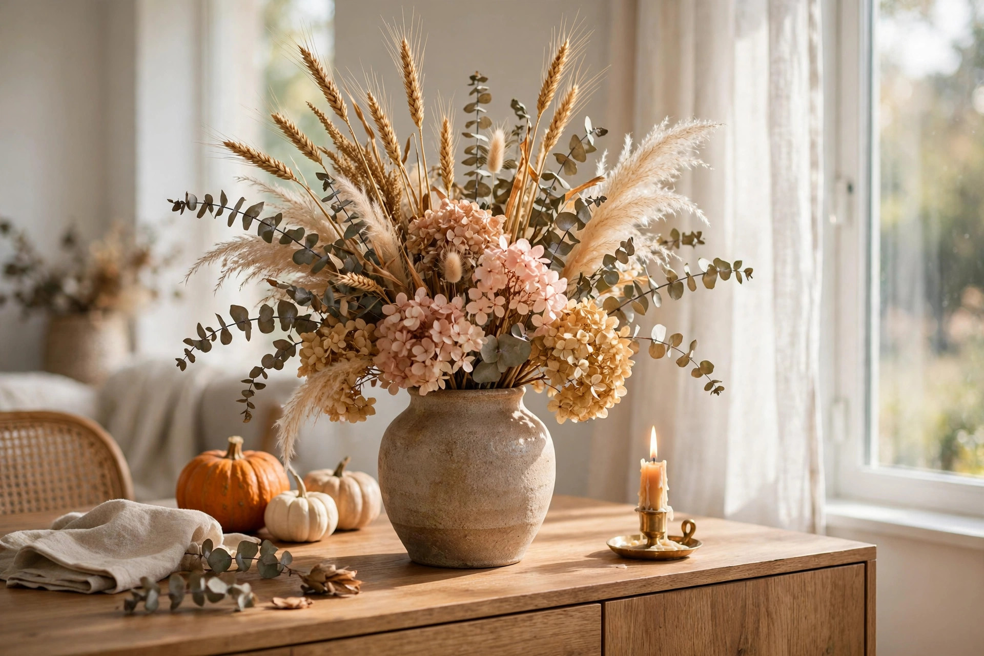 Dried floral centerpiece with wheat, pampas grass, and eucalyptus in a ceramic vase