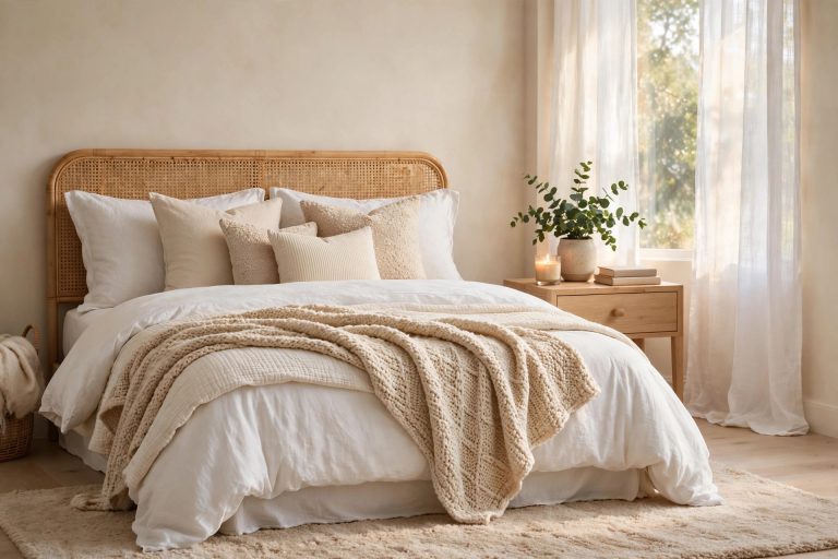 Cozy budget-friendly bedroom decor with warm textures