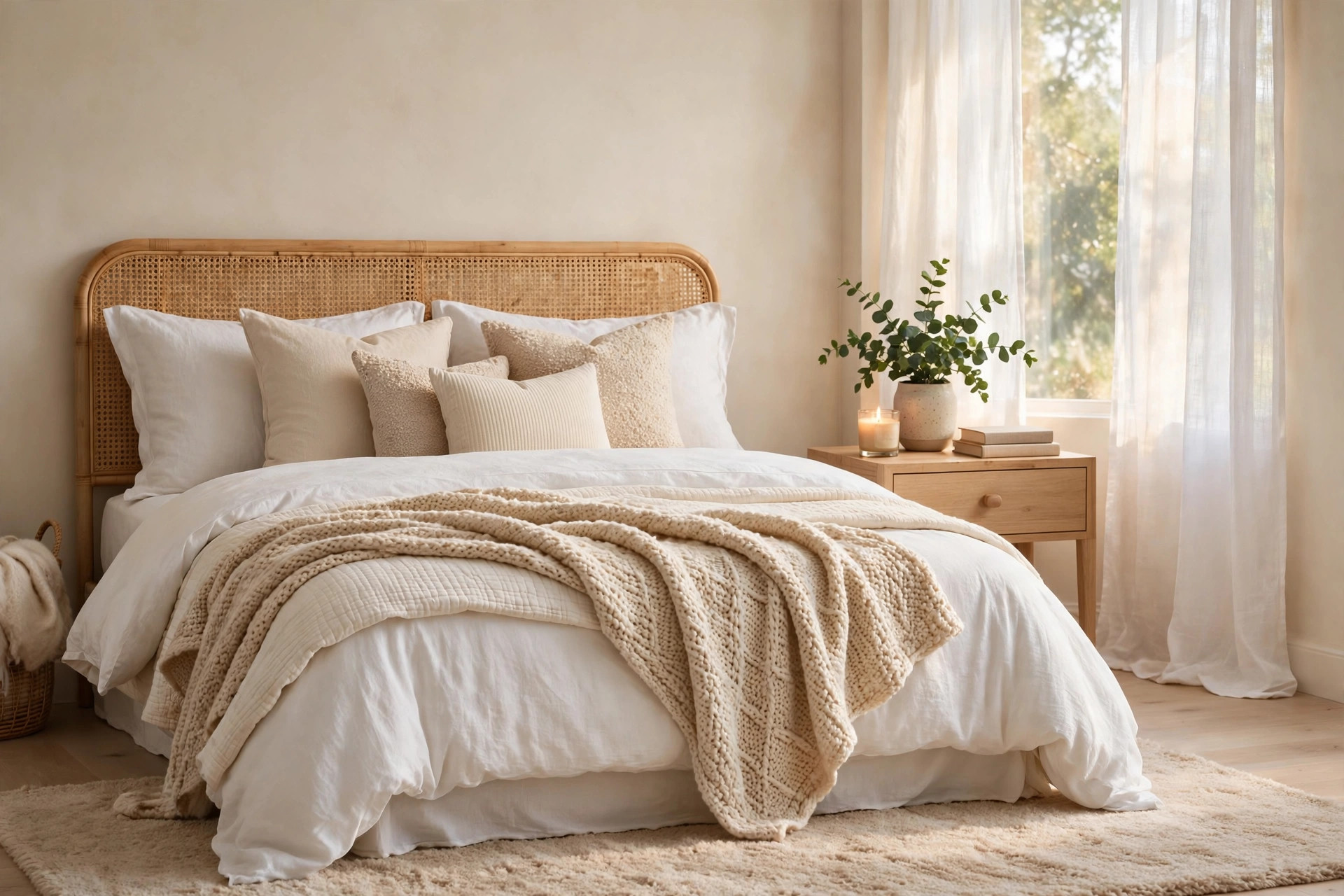 Cozy budget-friendly bedroom decor with warm textures