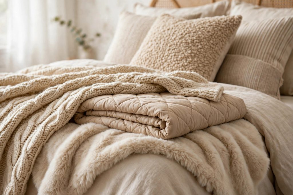 Chunky knit throw blankets layered on a cozy bed