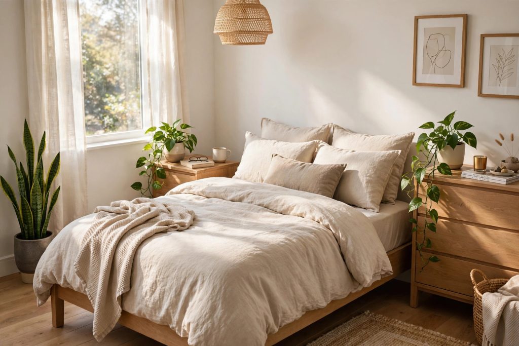 Low-maintenance houseplants greening up a bedroom