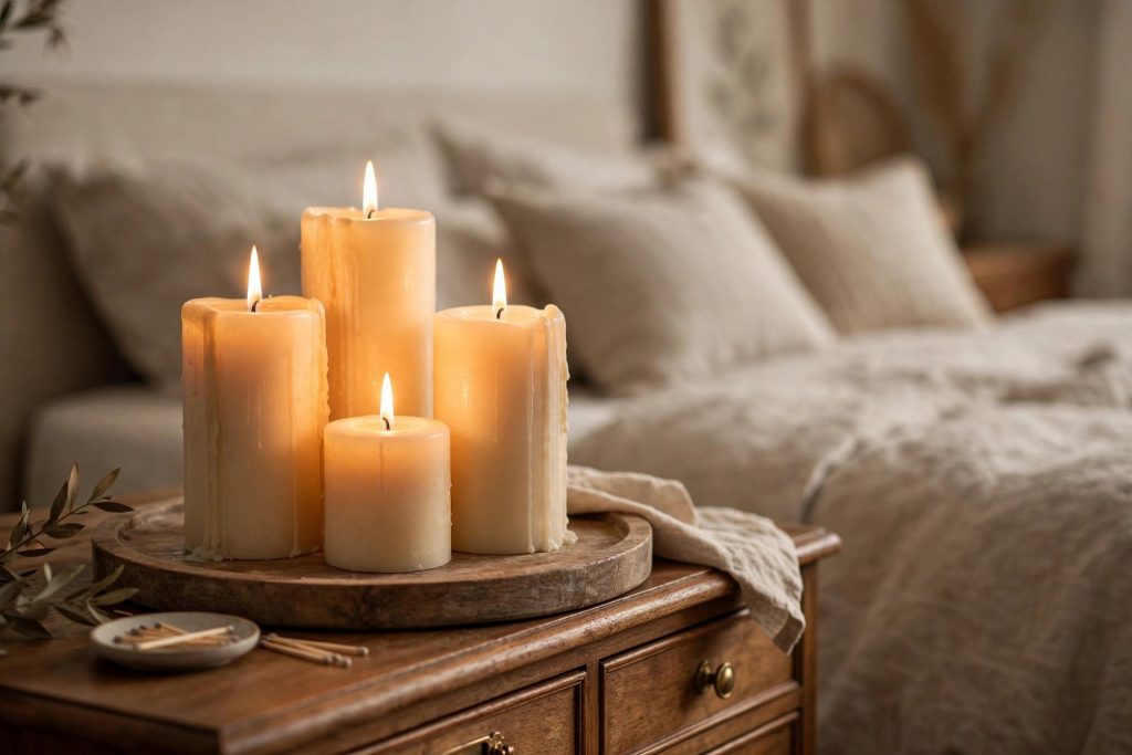 Cluster of glowing candles on a bedroom dresser