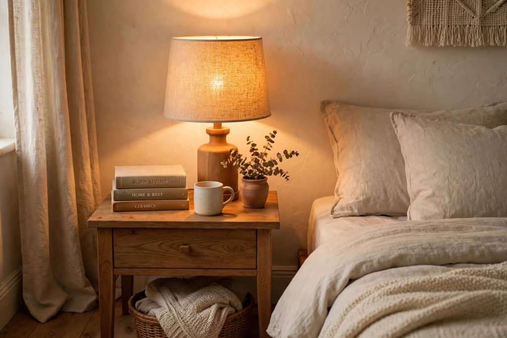 Bedroom lamp with warm bulb and soft linen shade
