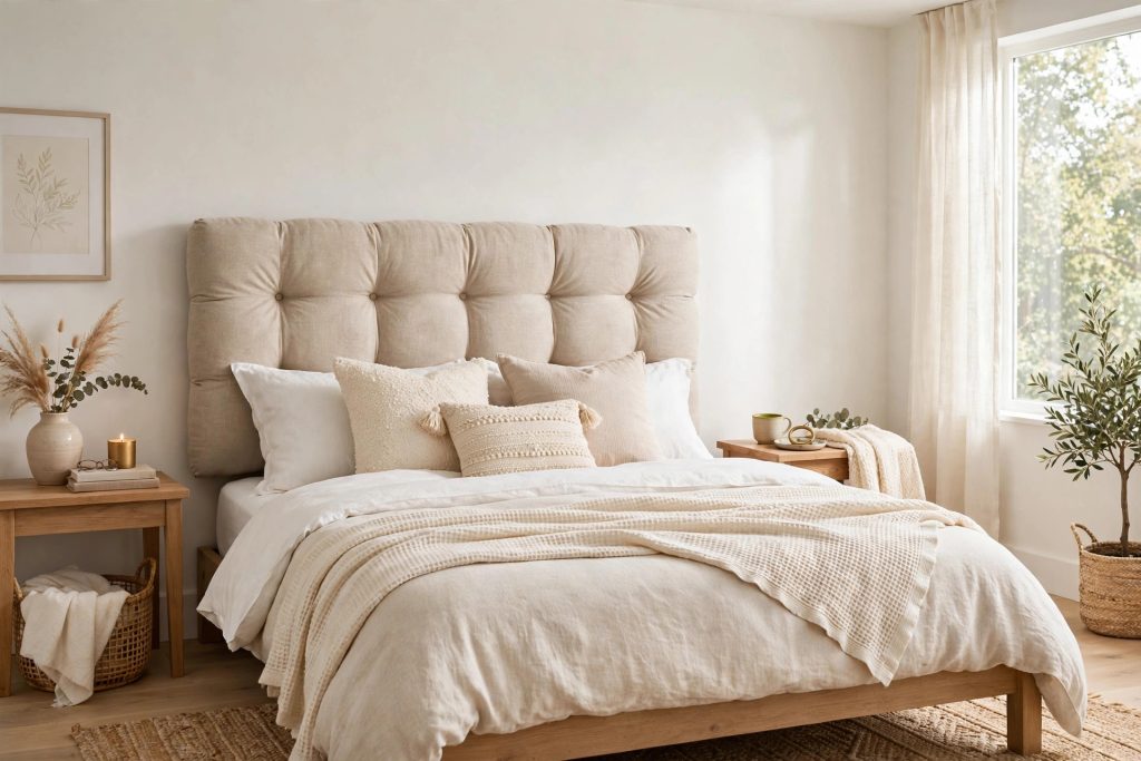DIY upholstered headboard in linen fabric on a cozy bed