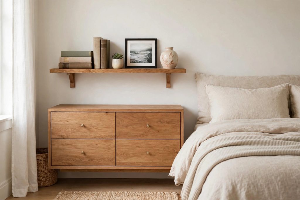Floating shelf styled with books and keepsakes in a bedroom