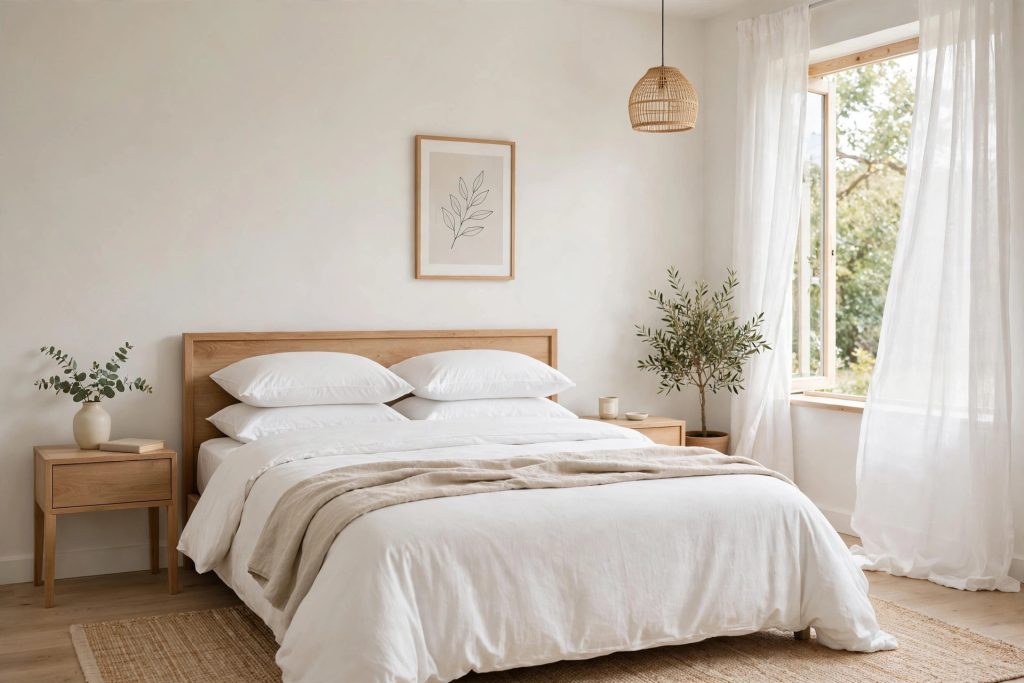 Tidy decluttered bedroom with fresh bedding and natural light