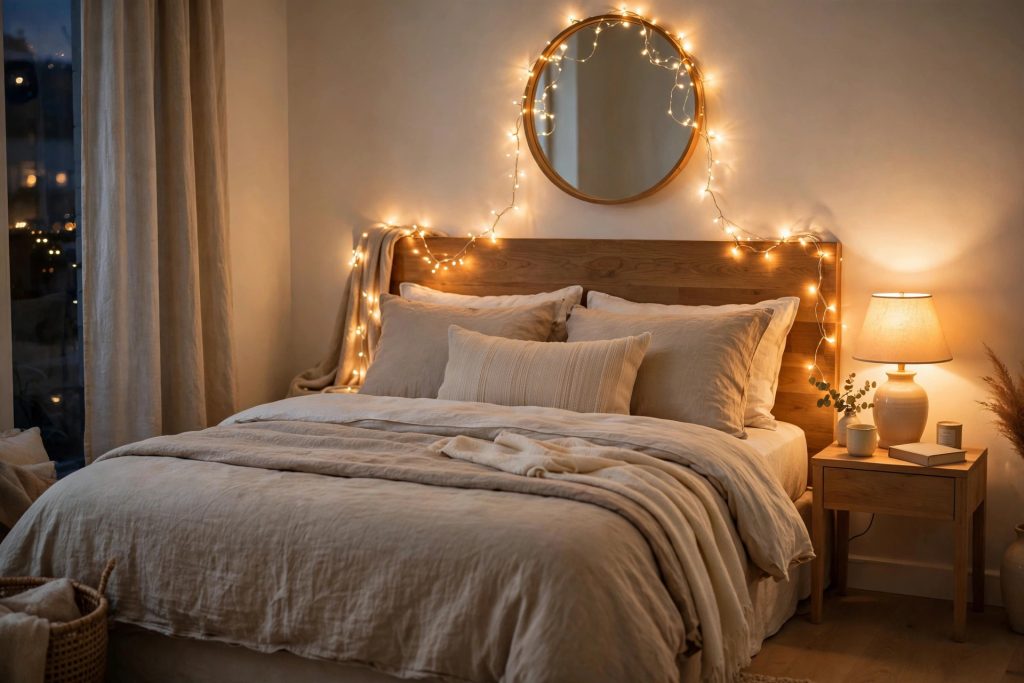 Warm fairy lights glowing around a bedroom headboard