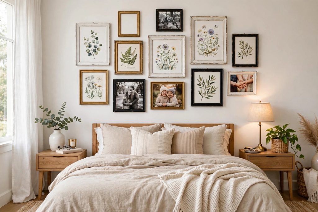 Gallery wall with thrifted frames above a bedroom dresser