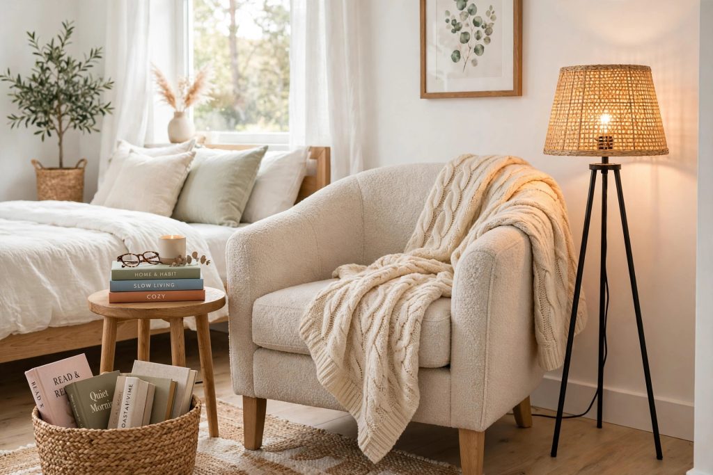 Cozy reading nook with an armchair and lamp in a bedroom corner