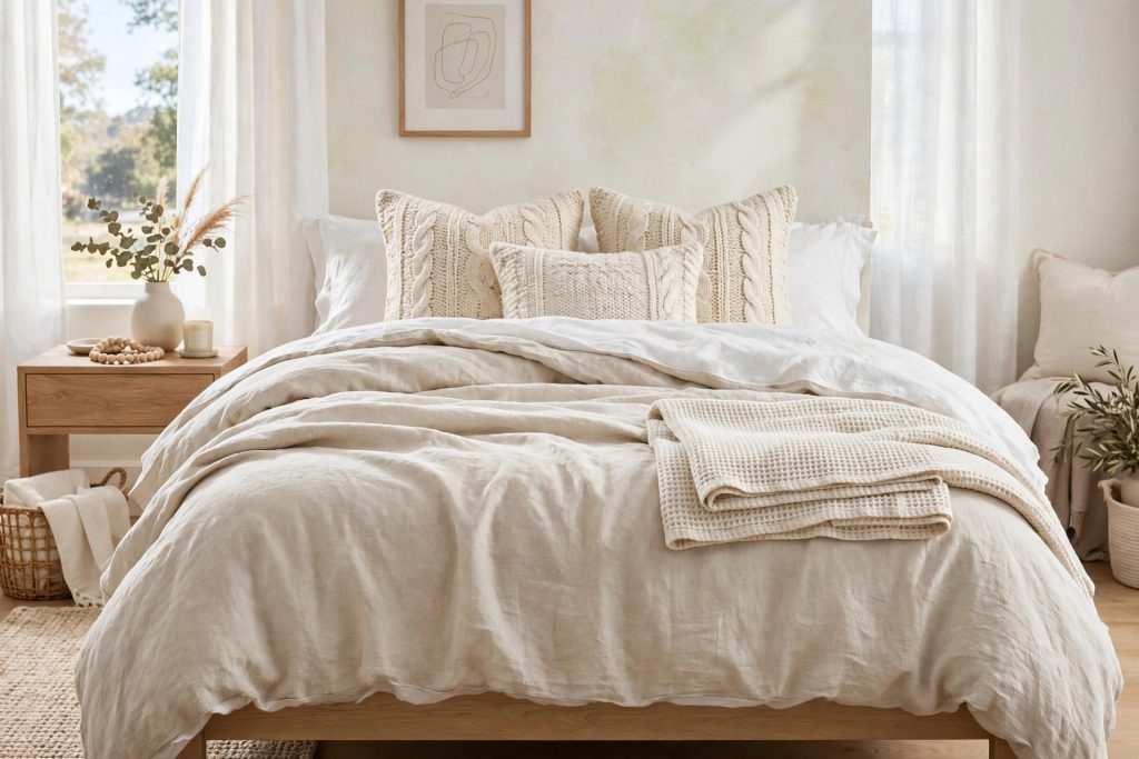 Bed dressed in soft neutral bedding with layered textures