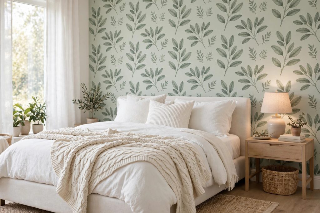 Peel-and-stick wallpaper accent wall behind a cozy bed