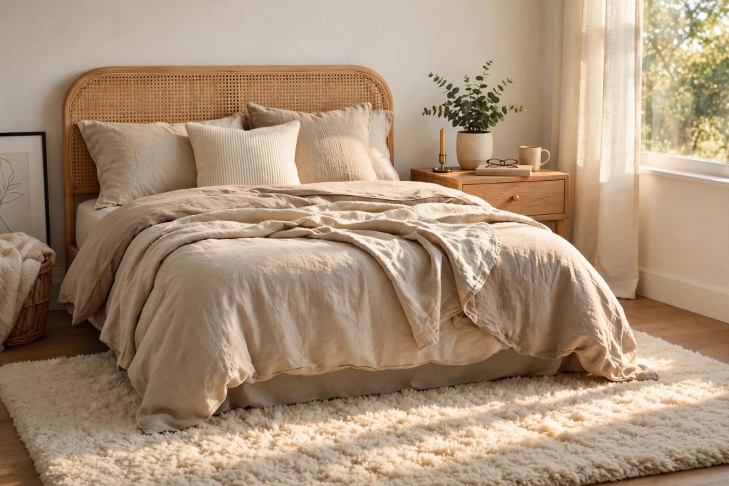 Plush area rug warming up a cozy bedroom floor