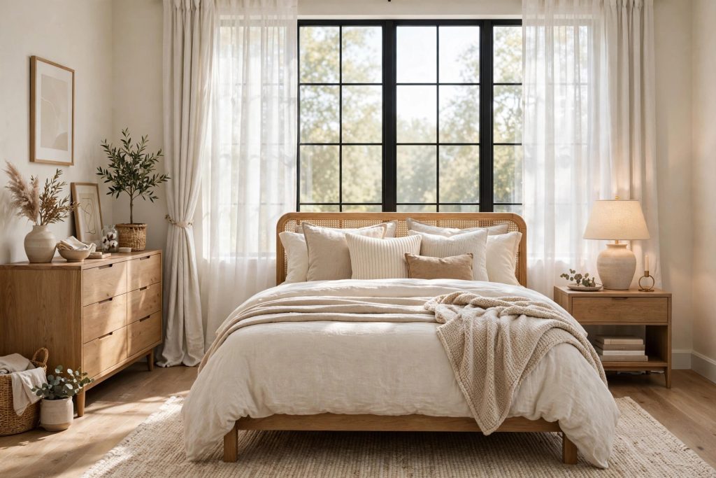 Bedroom with rearranged furniture around a window