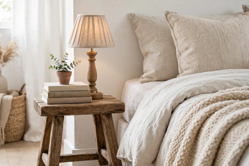 Wooden stool styled as a nightstand beside a cozy bed