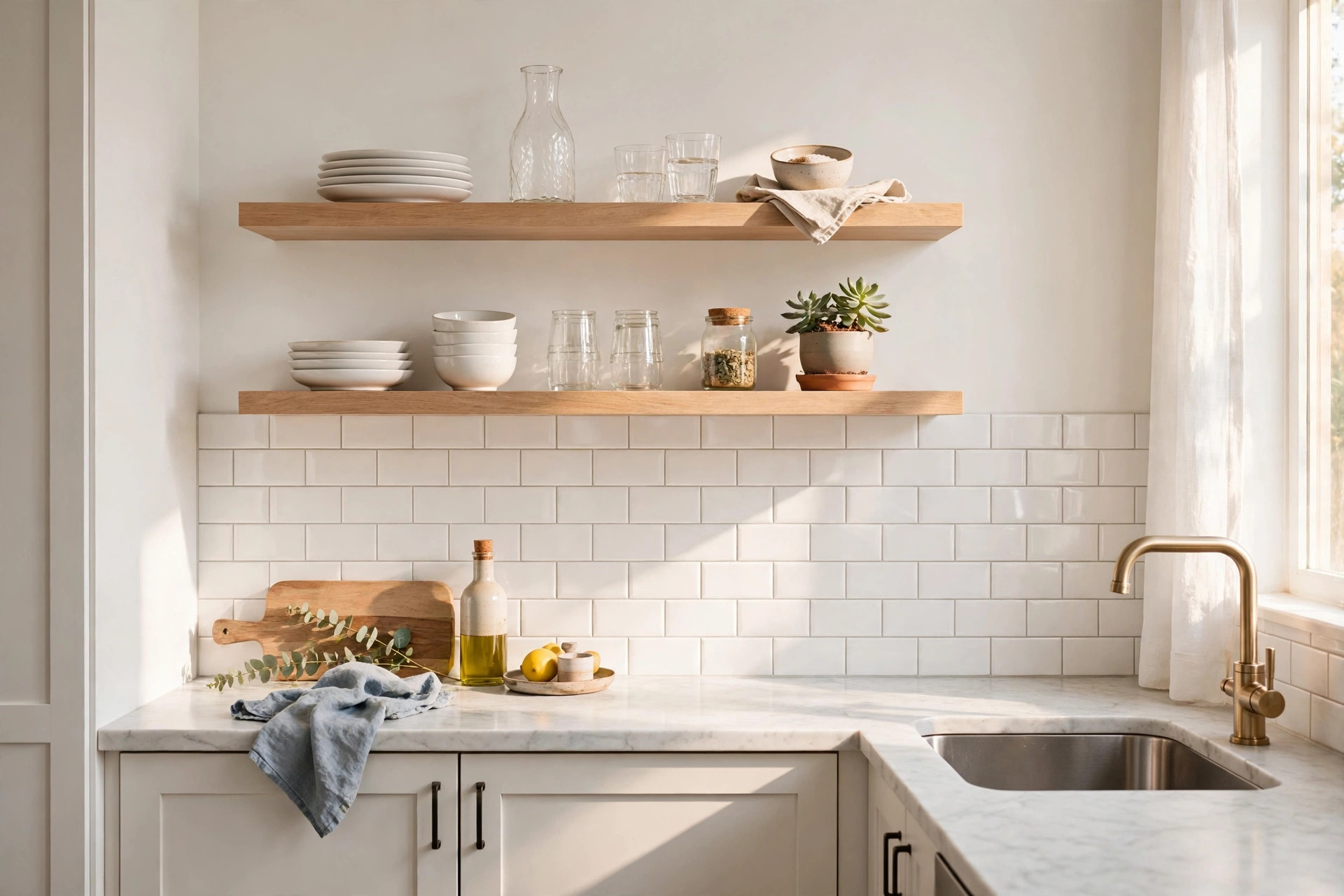 Open wooden shelves styled with white dishes, bowls, and glassware in a small kitchen