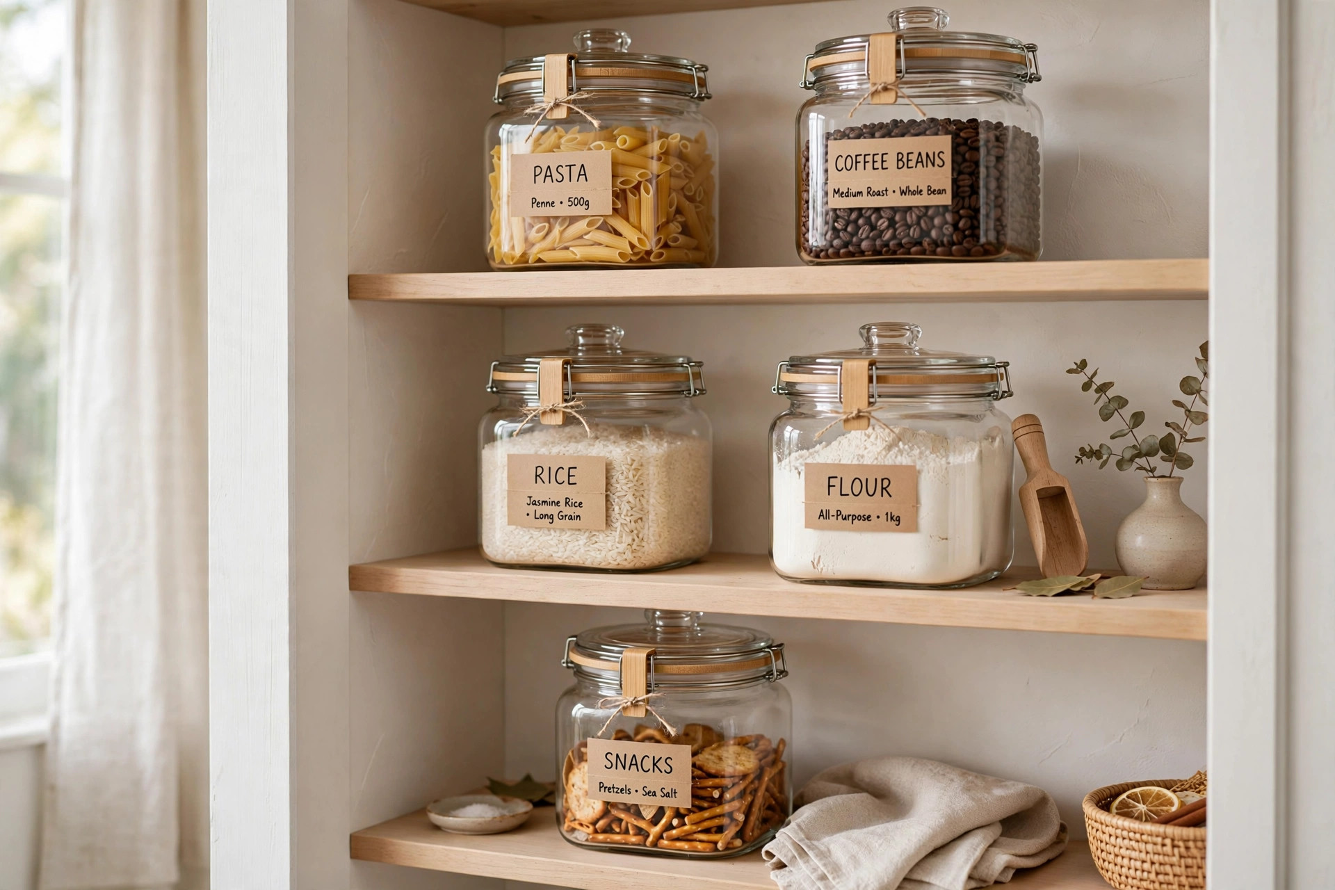 Open shelves with glass storage canisters of flour, pasta, and dry goods