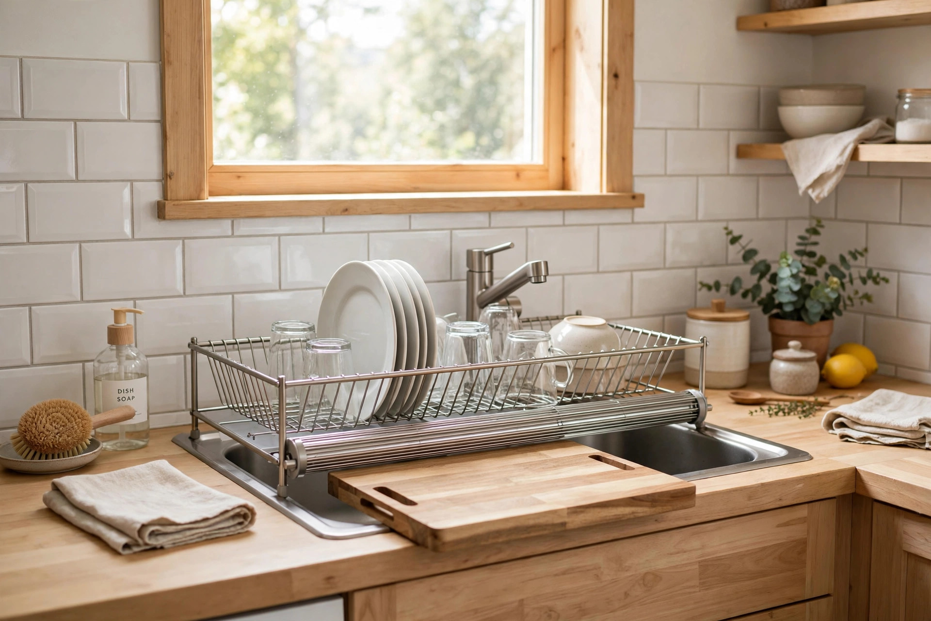 Roll-up dish drying rack placed over a kitchen sink