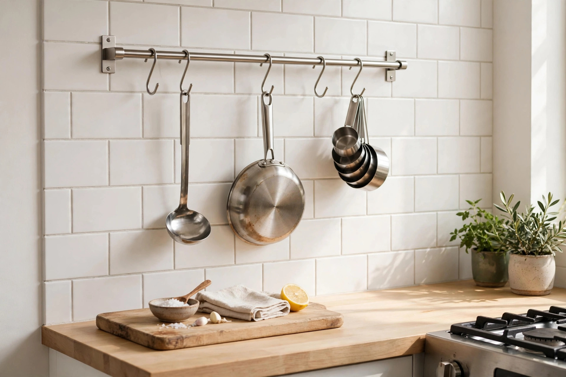 Stainless wall rail with S-hooks holding utensils and pans near the stove