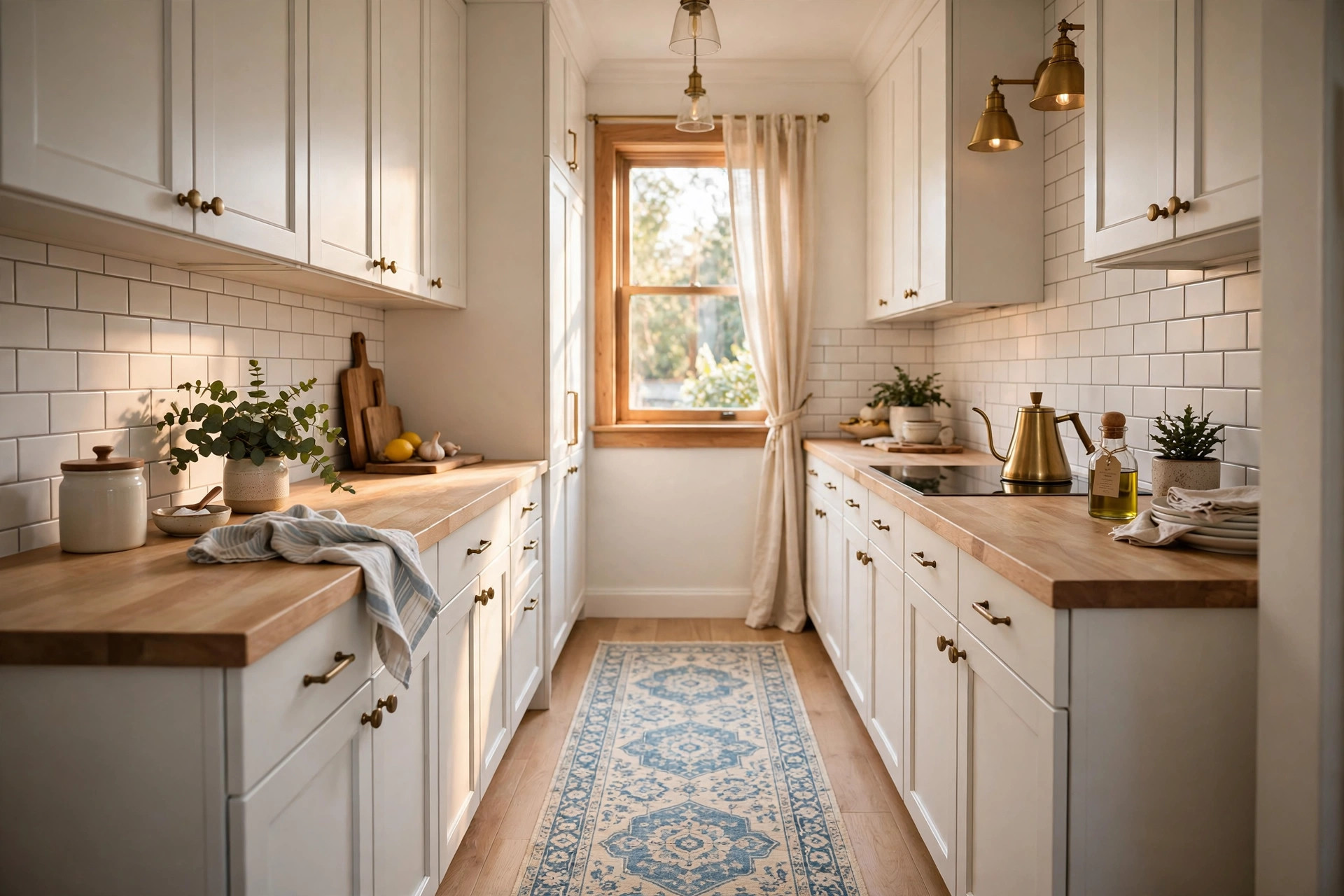 Patterned washable runner rug in a narrow galley kitchen