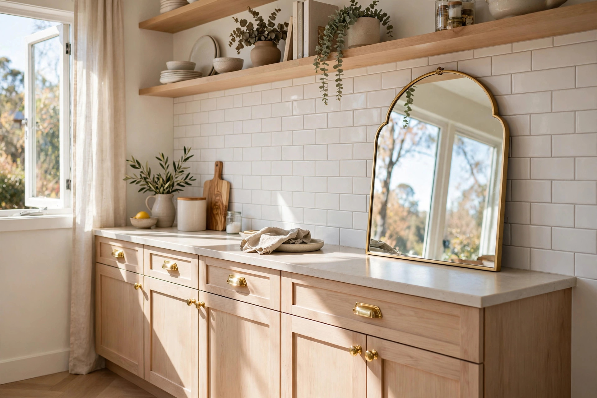 Arched mirror leaning against a kitchen backsplash reflecting light