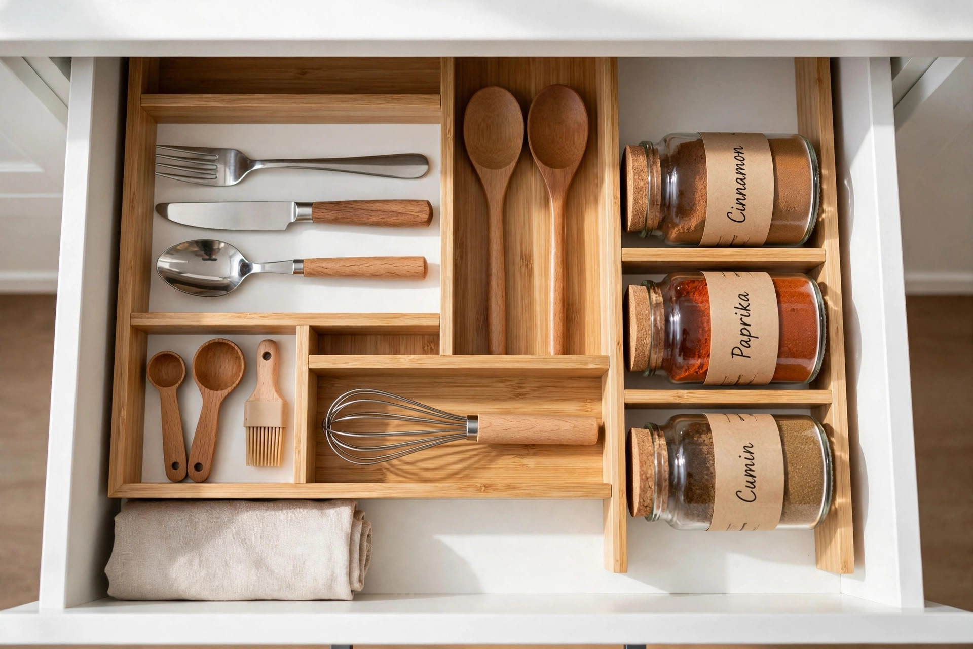 Kitchen drawer with bamboo dividers organizing wooden utensils