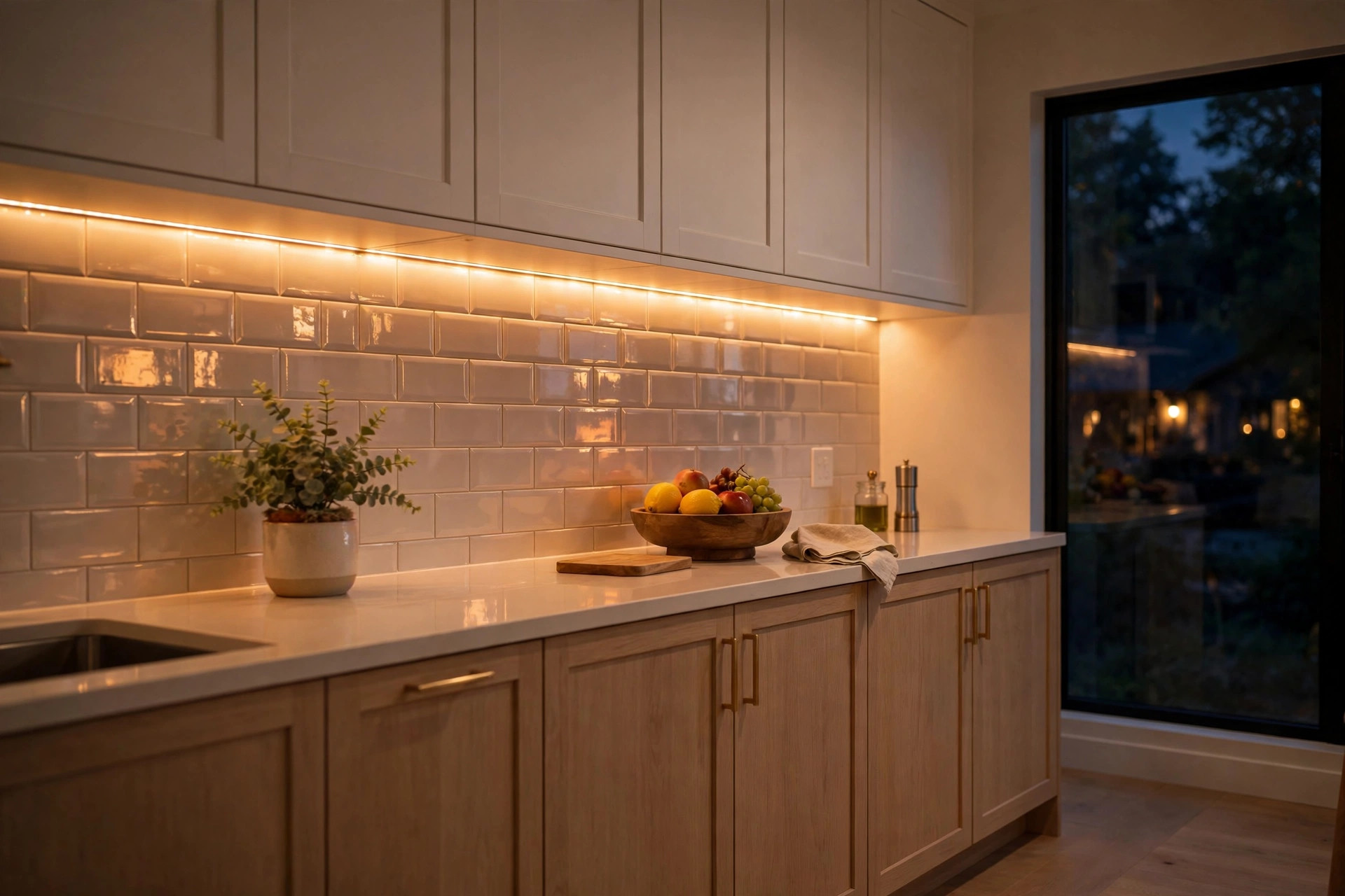 Warm under-cabinet LED lighting glowing over a kitchen countertop