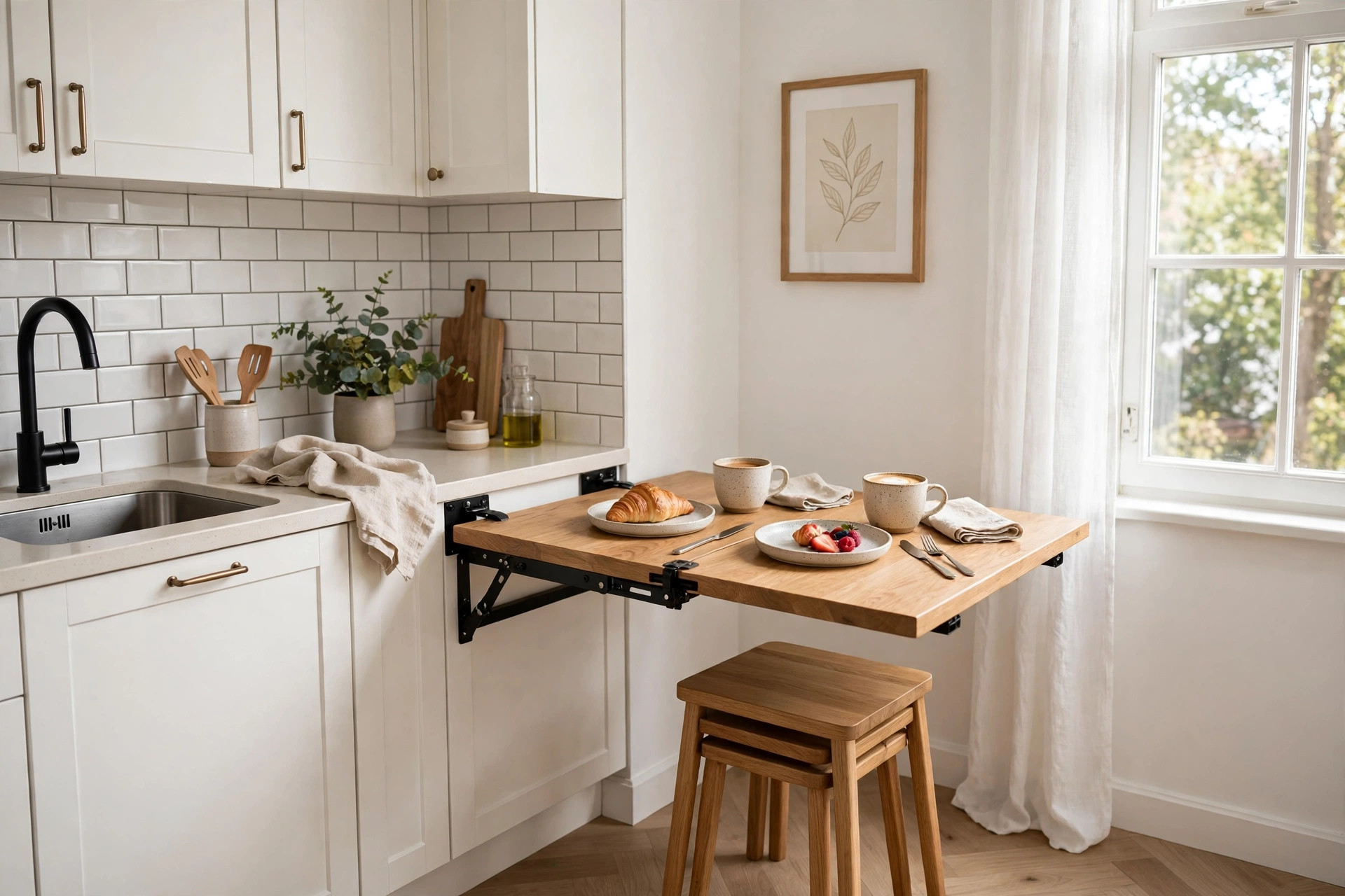 Fold-down wall-mounted dining table with two chairs set for breakfast