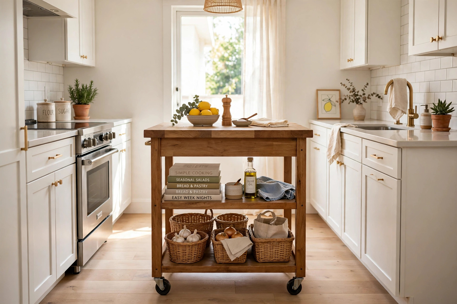 Wooden rolling kitchen cart used as a small island with open shelving