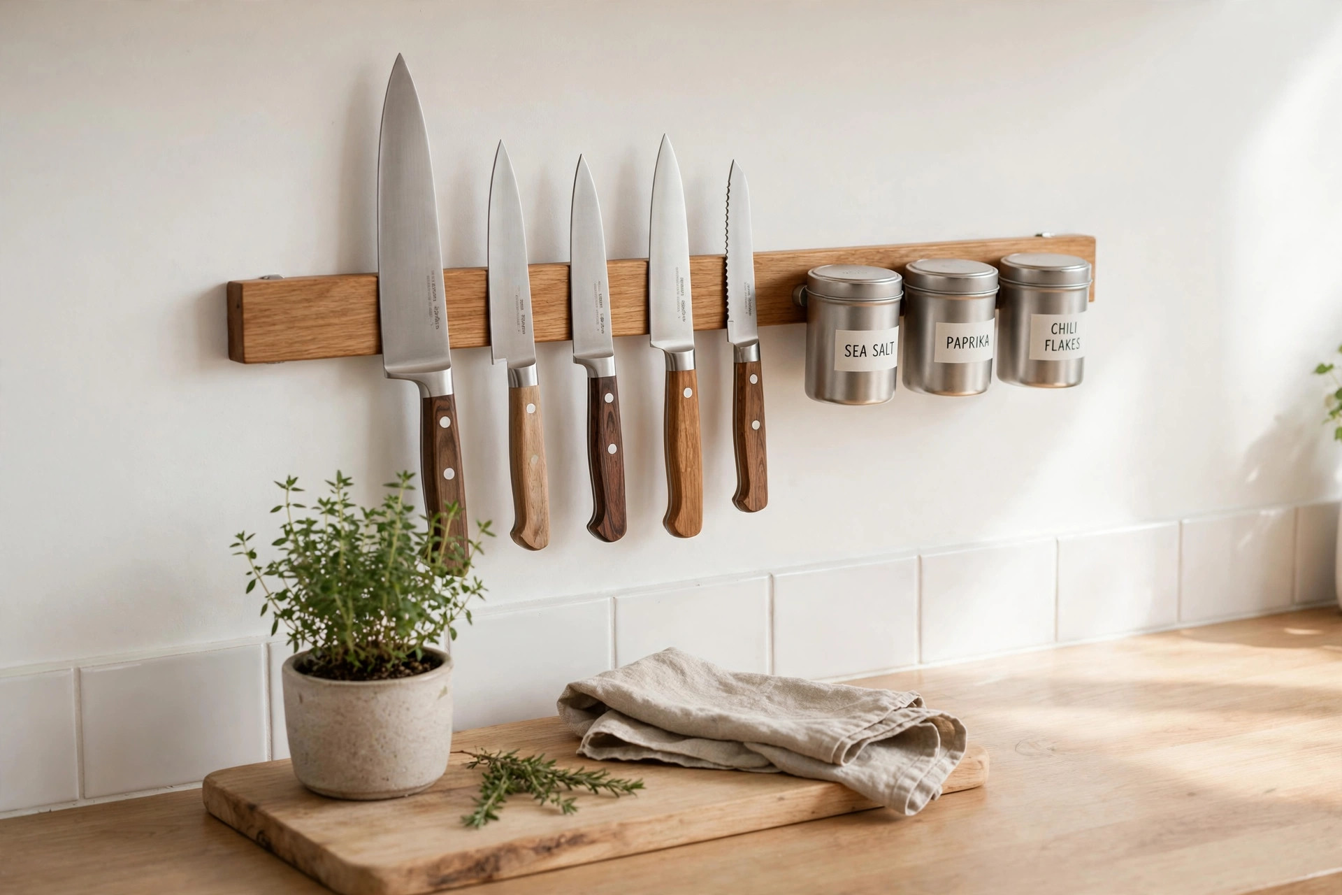 Magnetic knife strip mounted on a kitchen wall holding knives