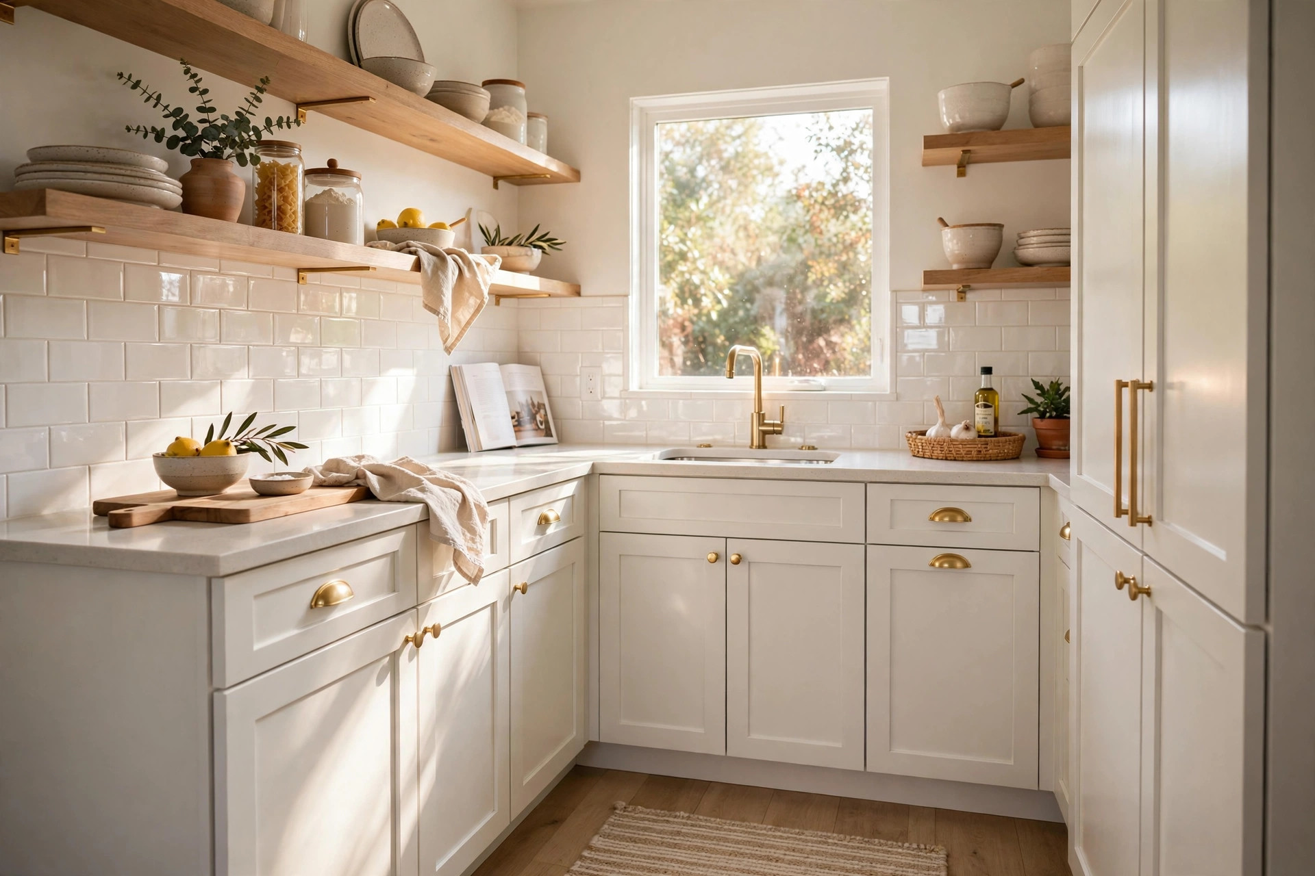 Small kitchen with freshly painted light cream cabinets and a sunny window