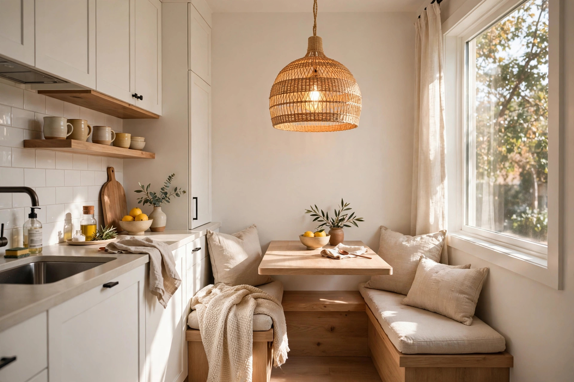 Woven rattan pendant light hanging over a small kitchen dining nook
