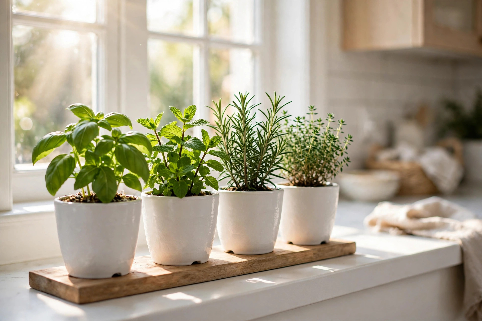 Windowsill herb garden with potted basil, mint, and rosemary in white pots