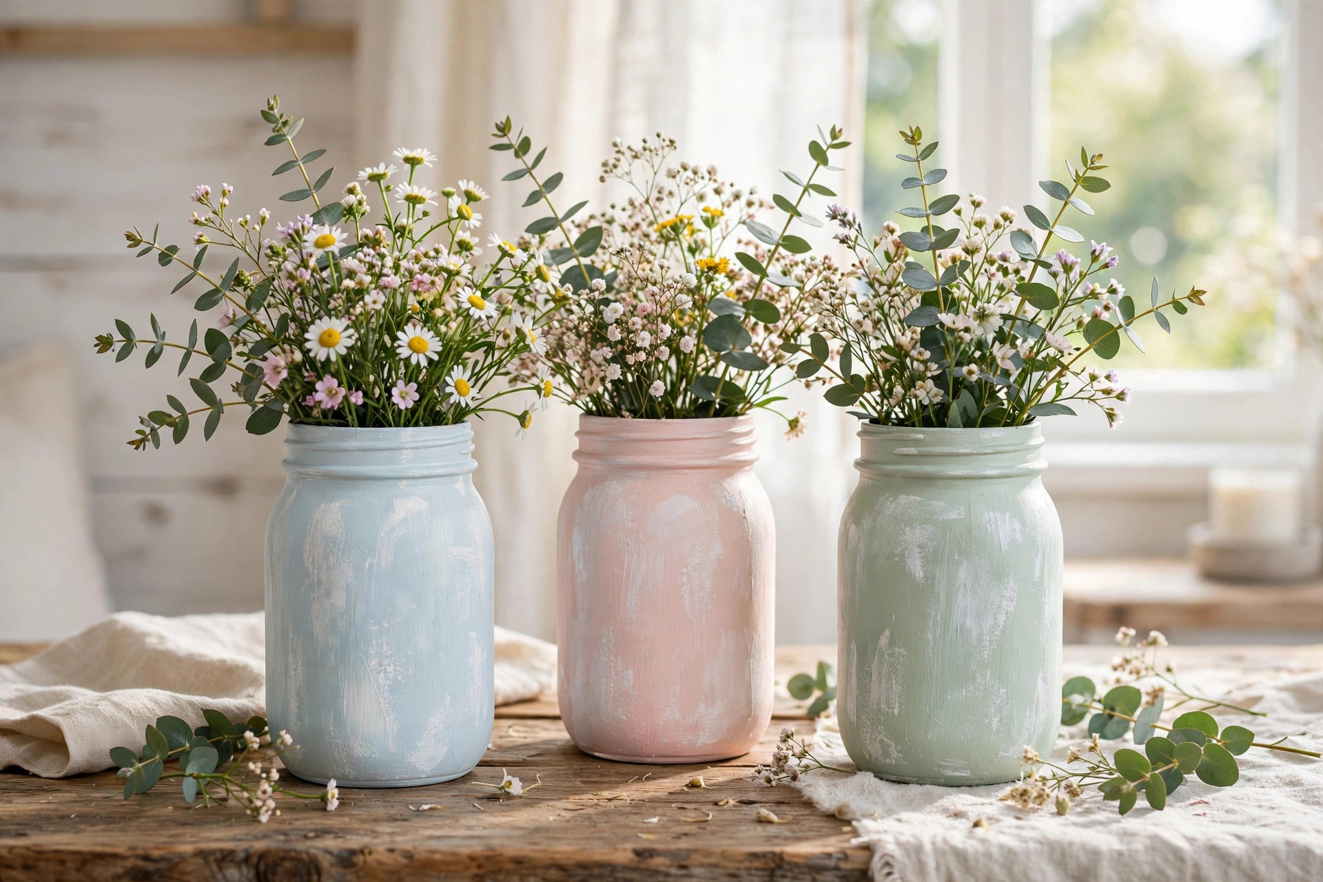 Painted mason jar vases with flowers