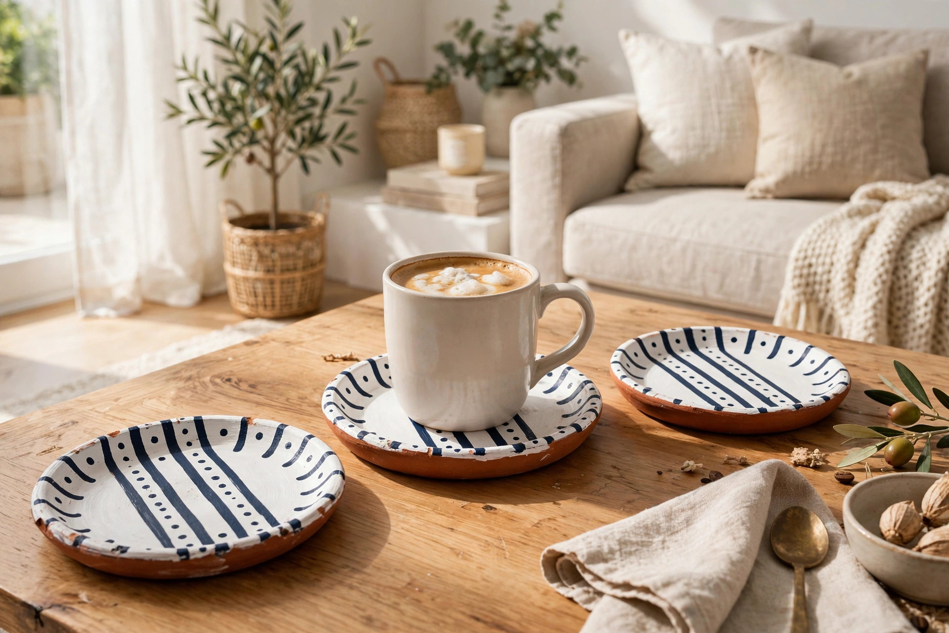 Painted terra cotta saucers used as coasters