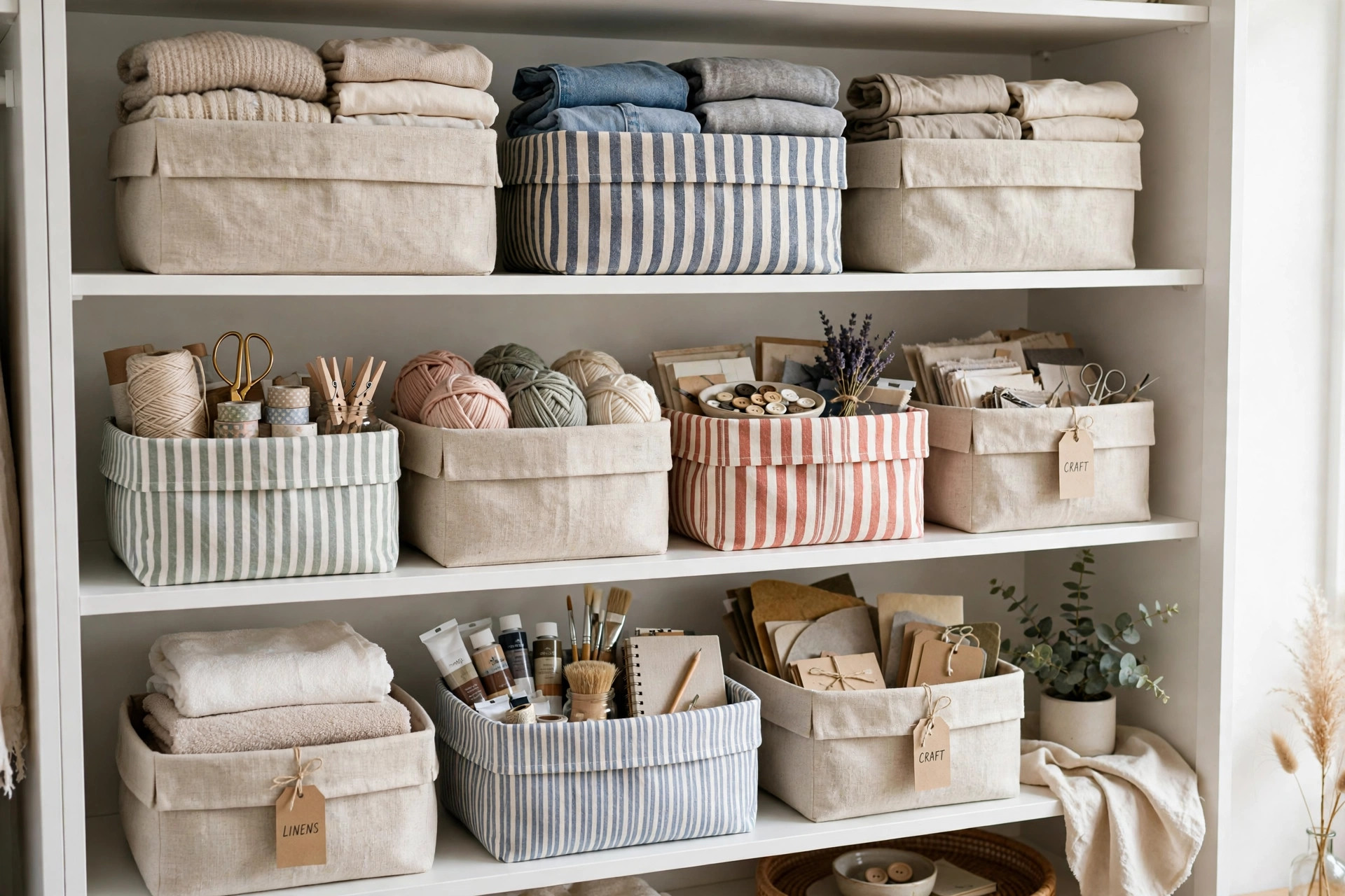 No-sew fabric storage bins on a shelf