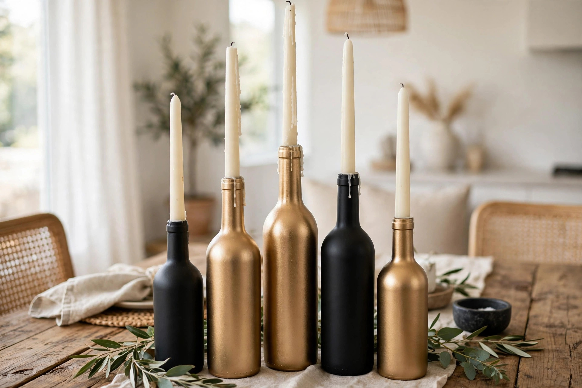 Upcycled wine bottles painted as a table centerpiece