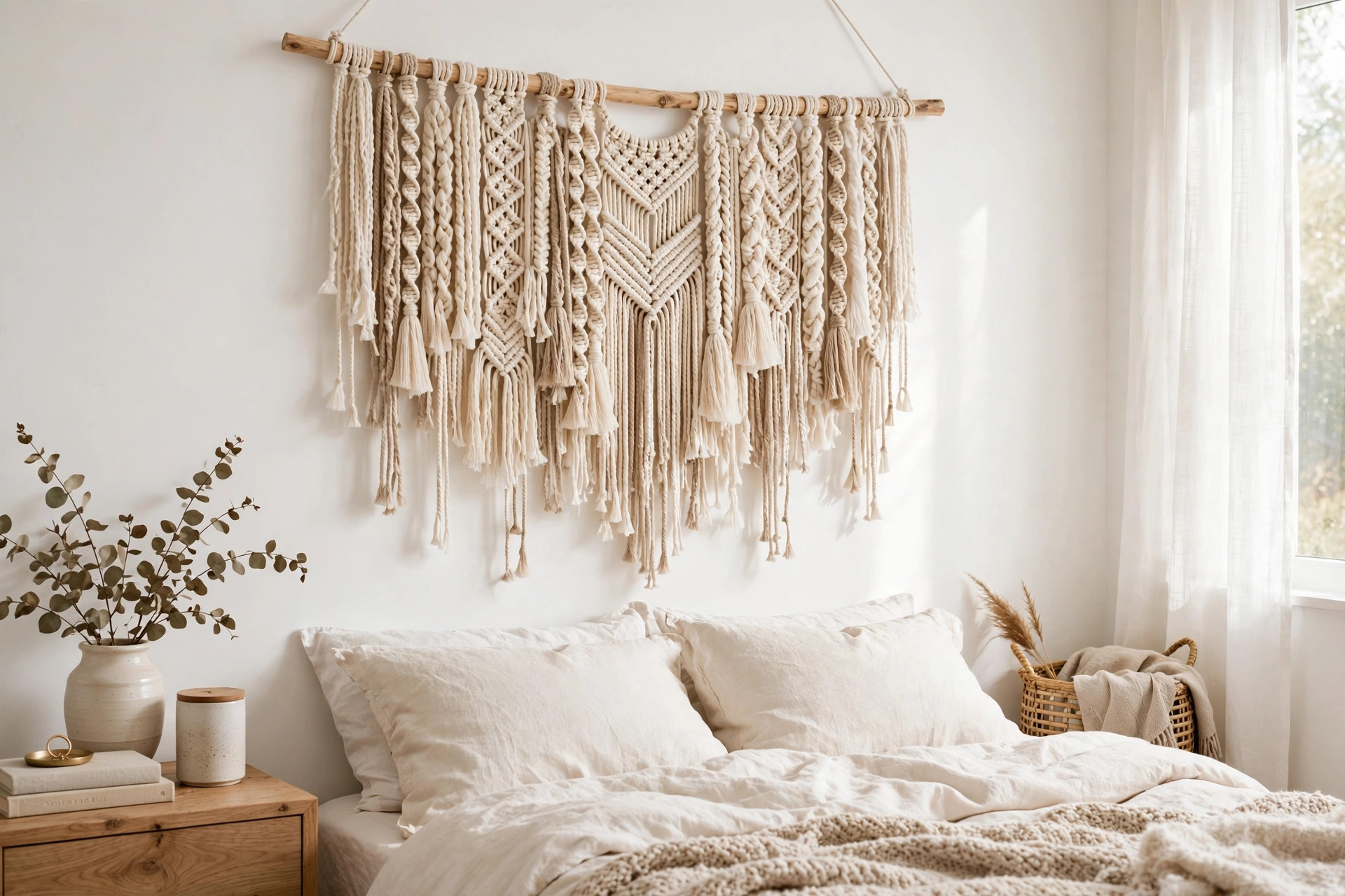 Woven yarn wall hanging on a wooden dowel