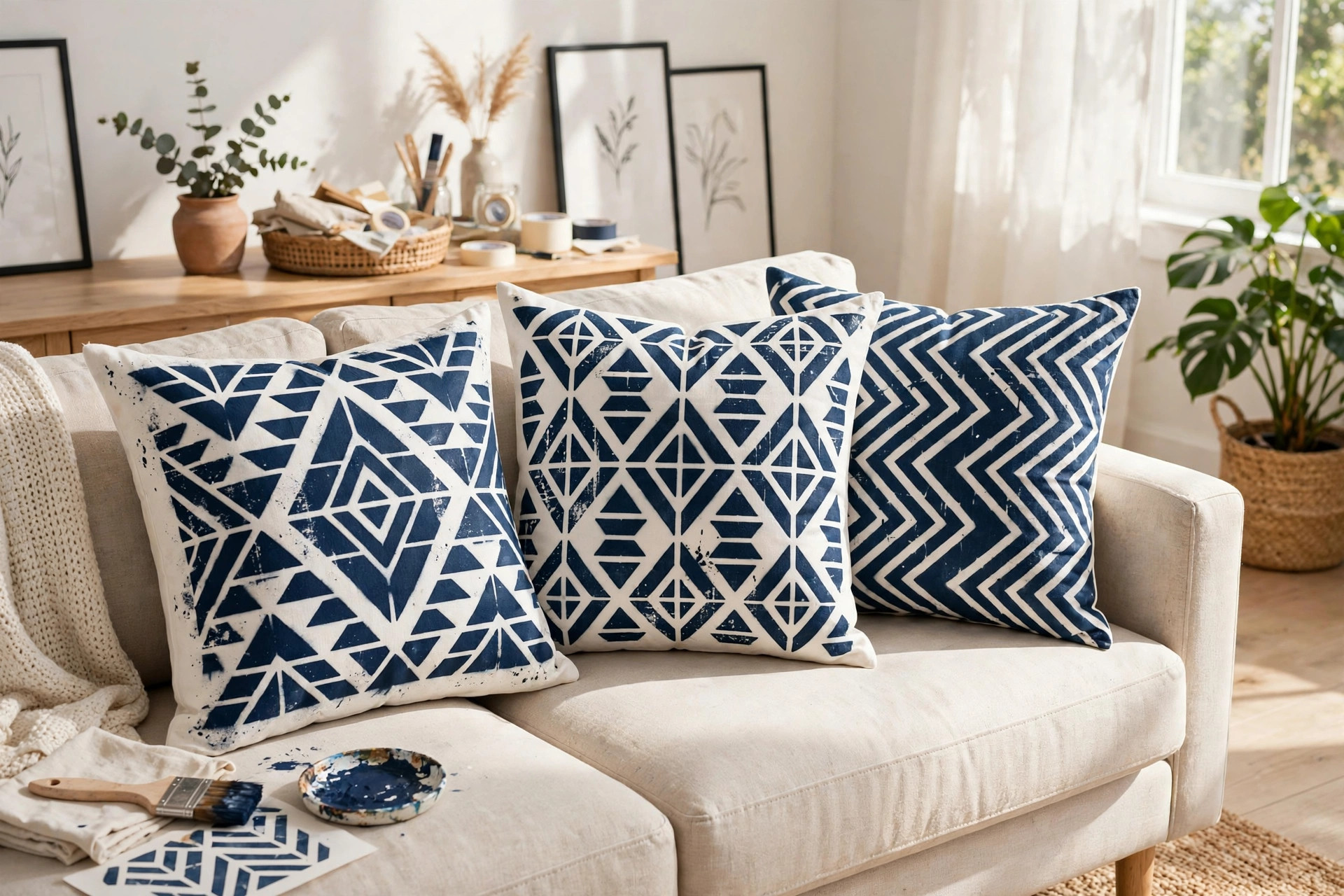 Stenciled throw pillows on a sofa