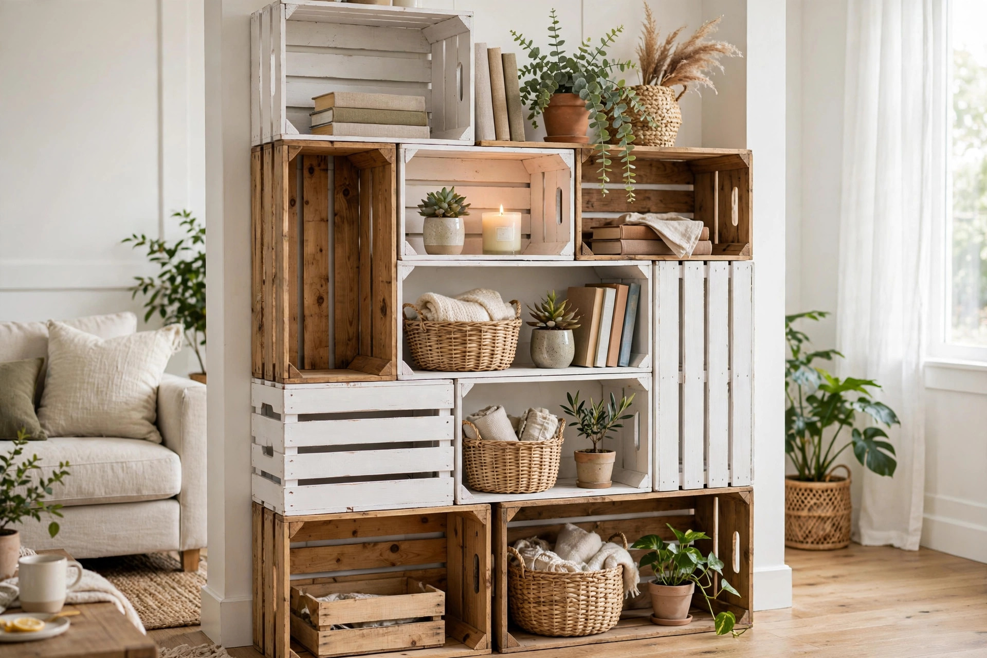 Stacked wooden crates used as a storage shelf