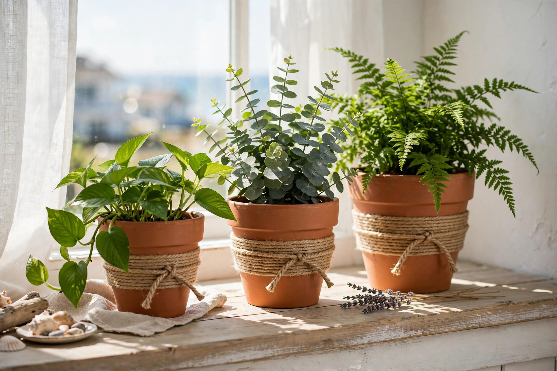 Terracotta pots wrapped in jute rope with green plants