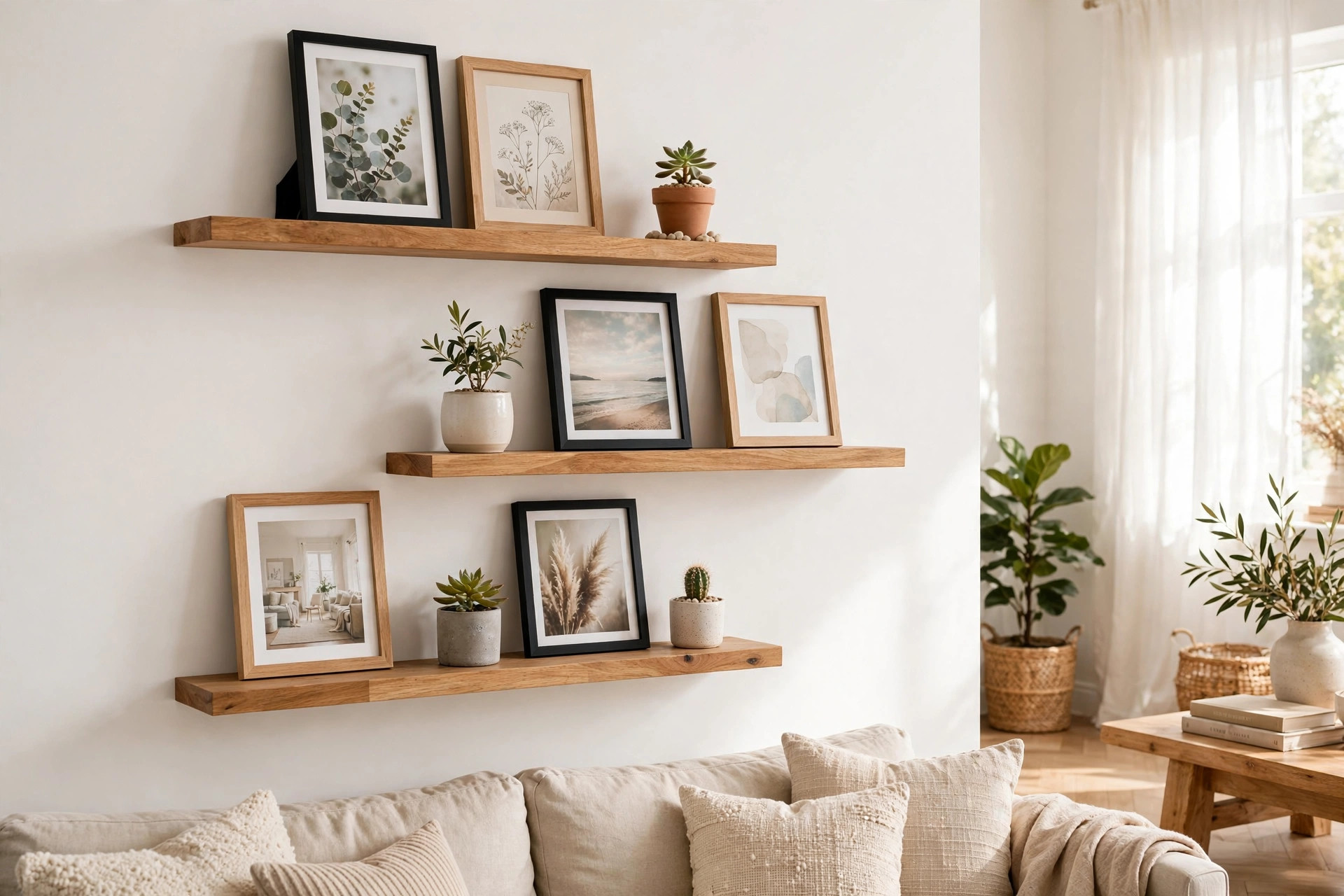 Floating wooden photo ledges with framed pictures and plants