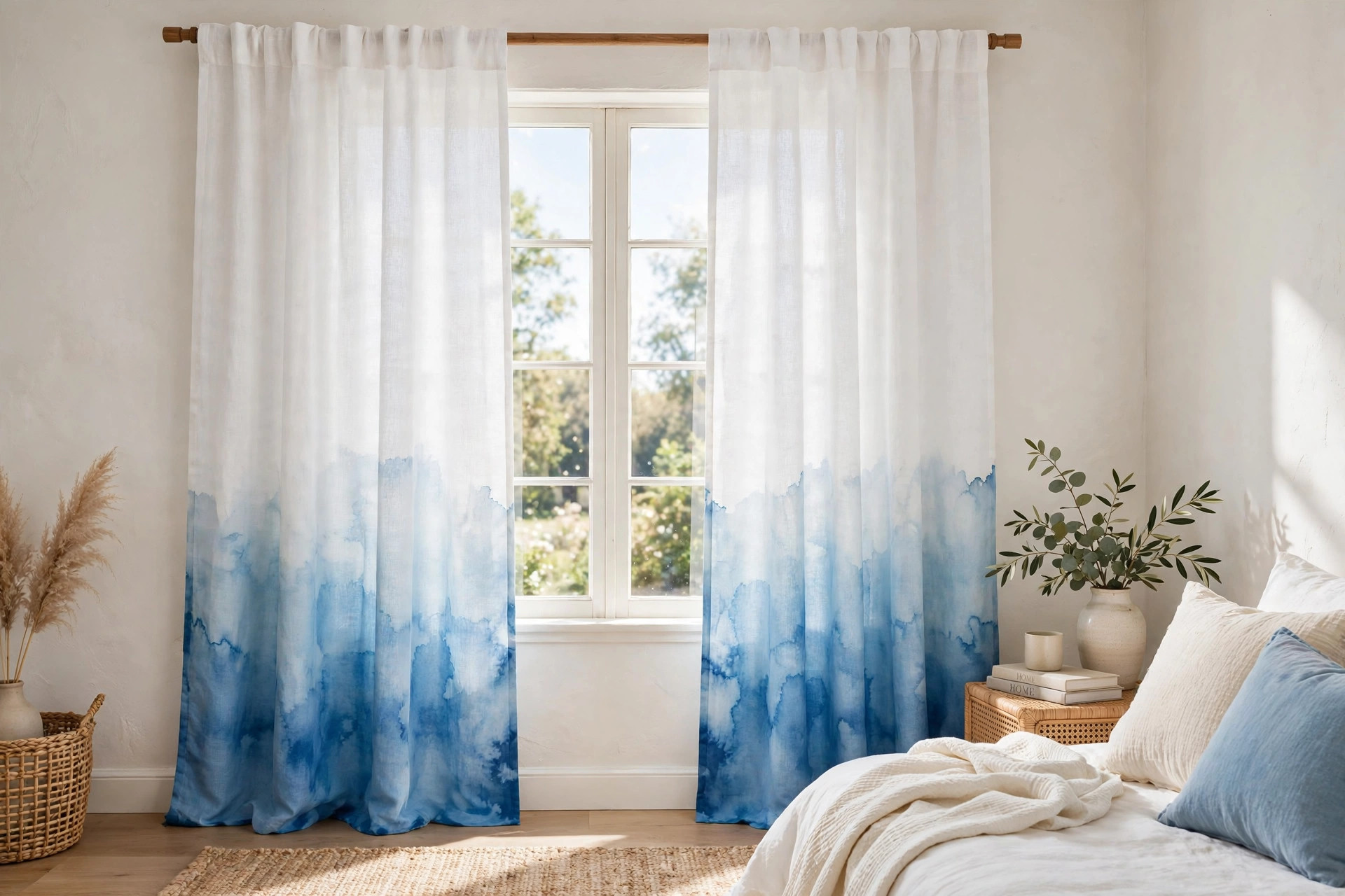 Dip-dyed curtain panels with a watercolor gradient