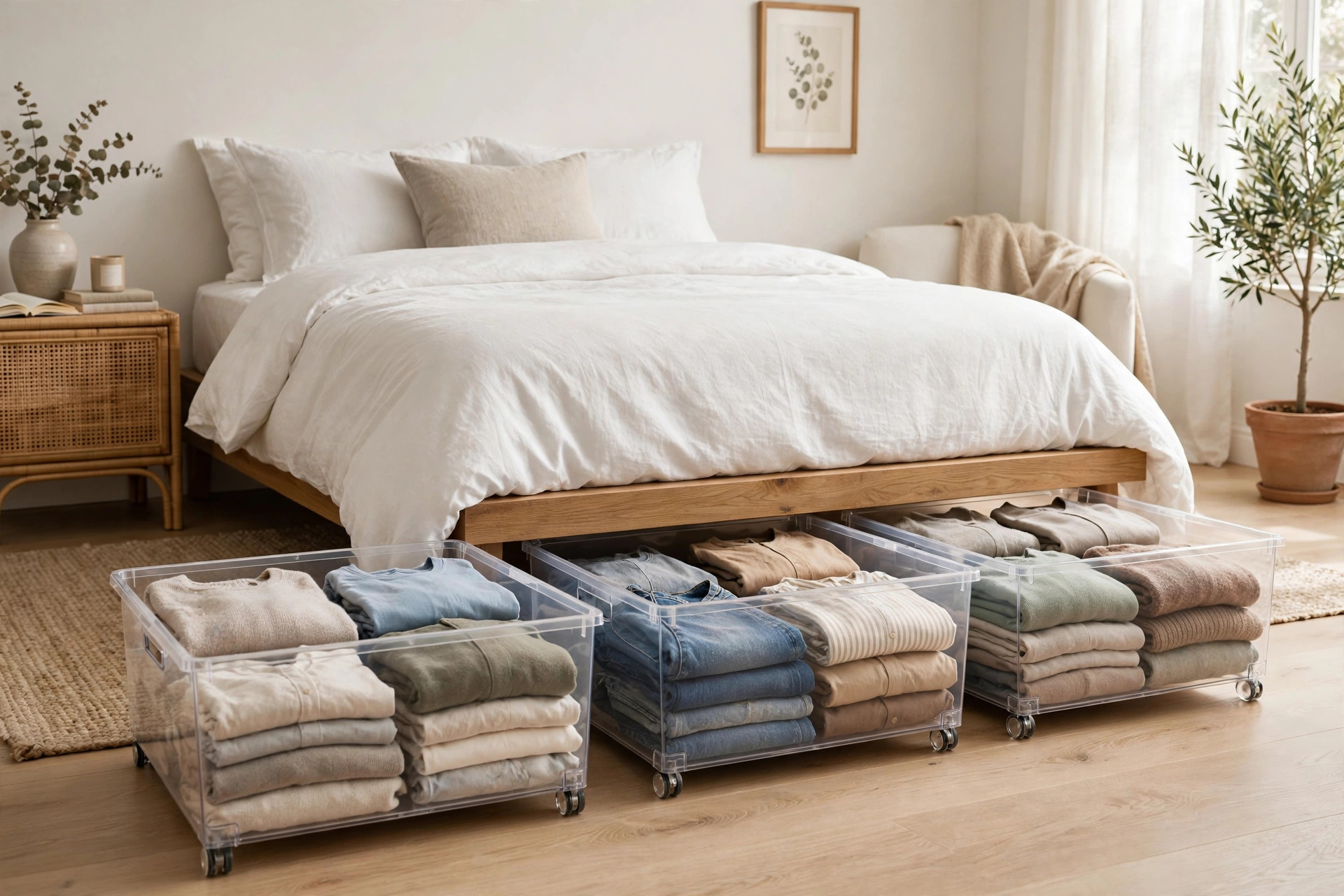 Rolling storage bins tucked under a bed