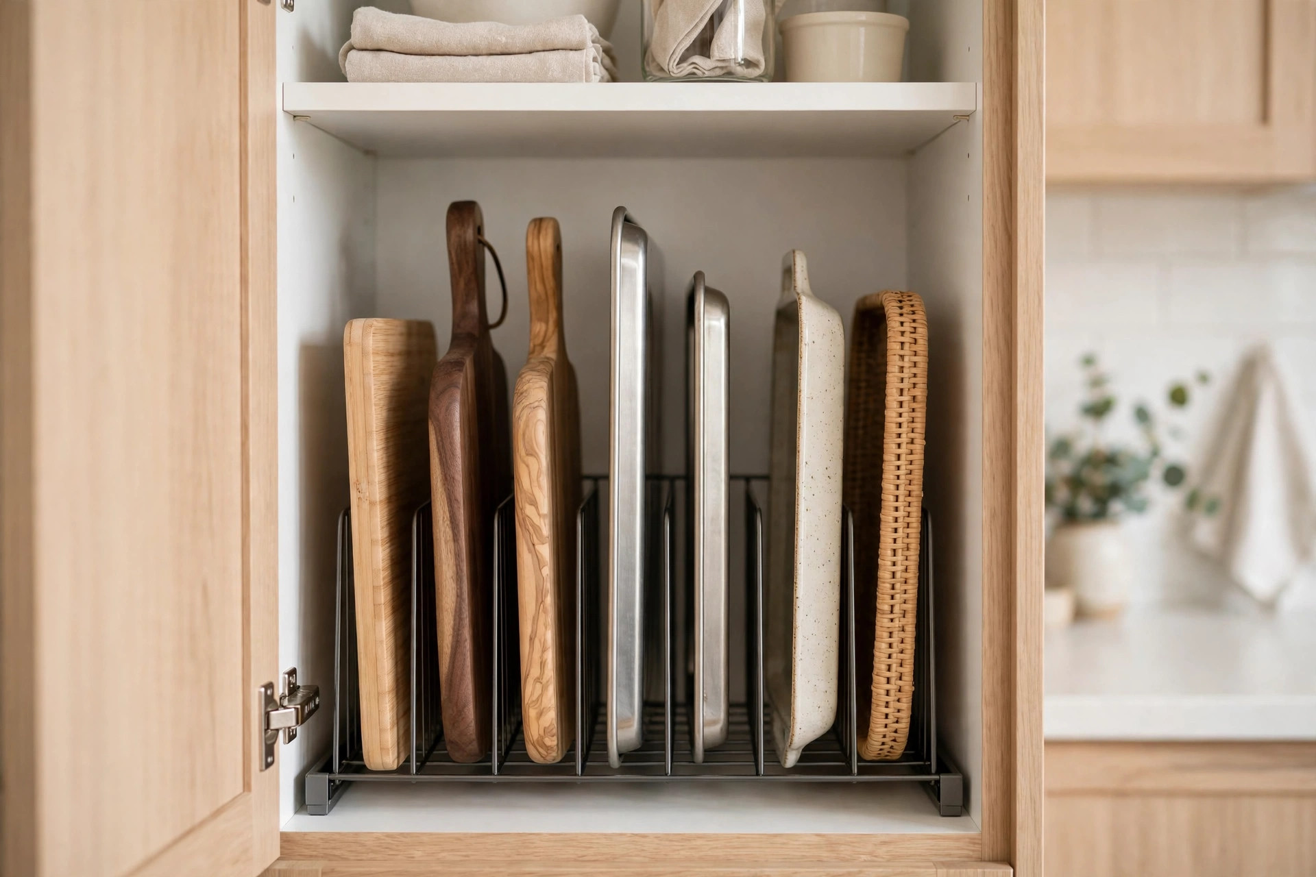 Cutting boards and baking sheets stored vertically in a cabinet